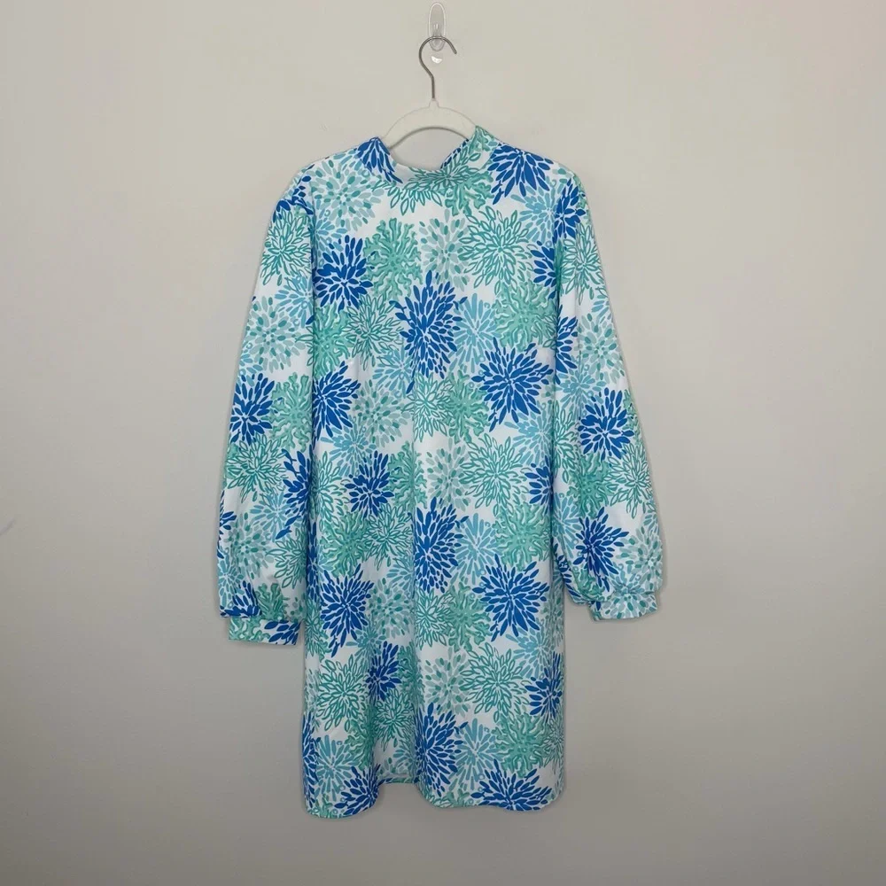 Sail to Sable Blue Green Floral Shift Dress Long Sleeve Size Large resortwear - Picture 2 of 9